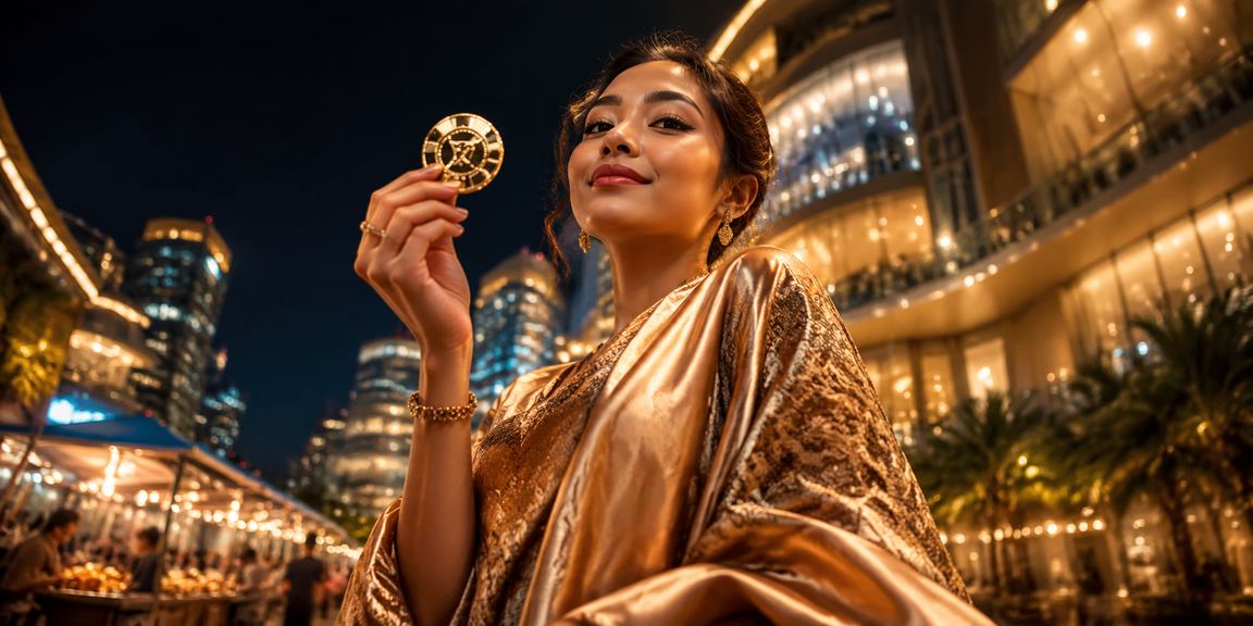 Model Vietnam berpose di venue hiburan casino dengan pencahayaan dramatis