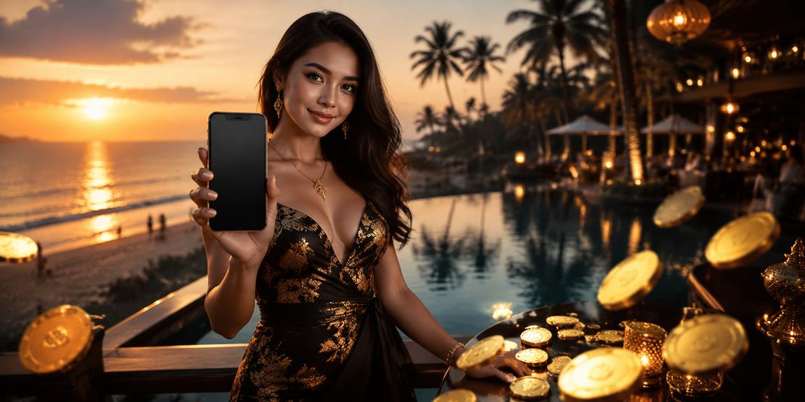 Pengguna mengakses platform casino mobile di tepi pantai dengan santai